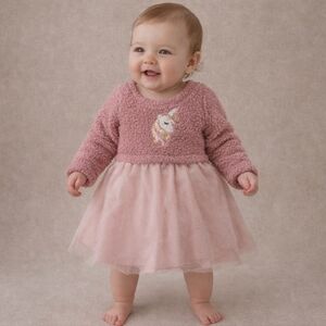 Young Hearts Pink Teddy Bear Fuzzy Unicorn Tulle Tutu Dress Size 3-6M Baby Girl